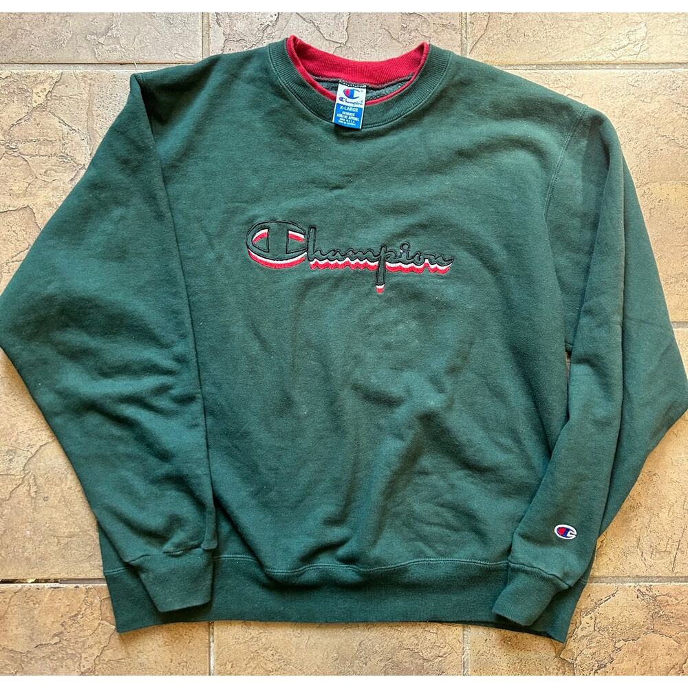 Vintage Champion Reverse Weave Crewneck Sweatshirt XL Green Red Script Logo USA